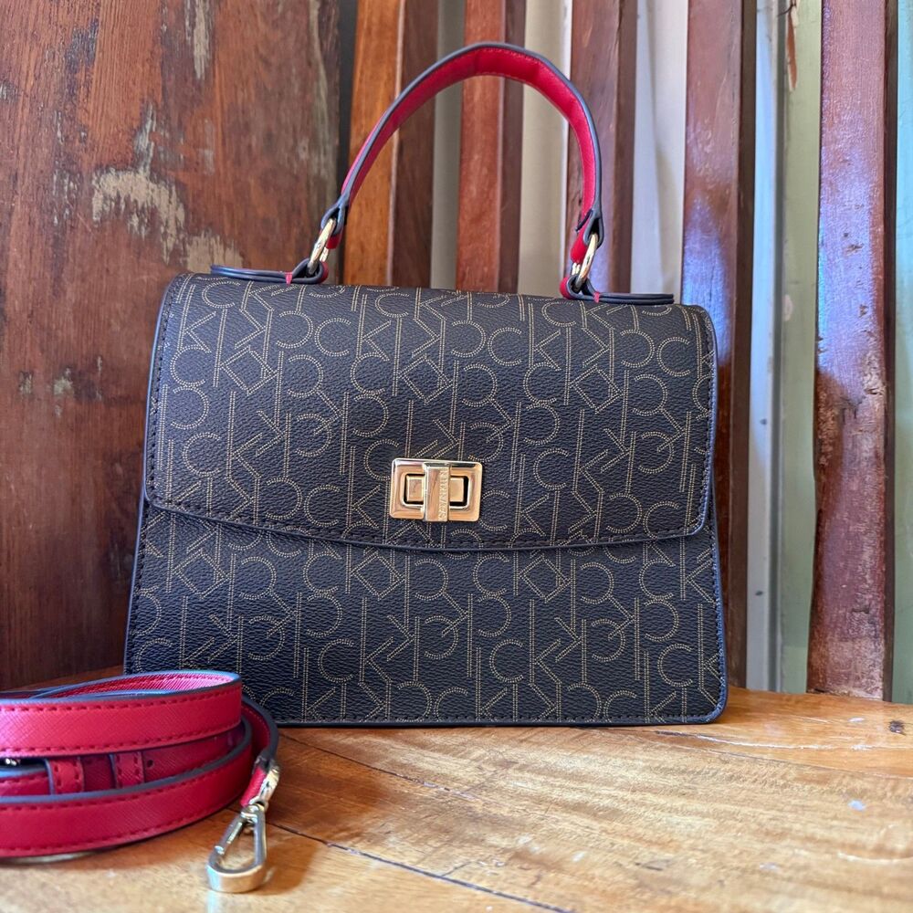 Calvin Klein Satchel Crossbody Bag Brown Red Accents